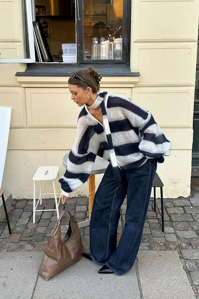 Cardigan Ouvert en Maille à Rayures Confortable avec Col V