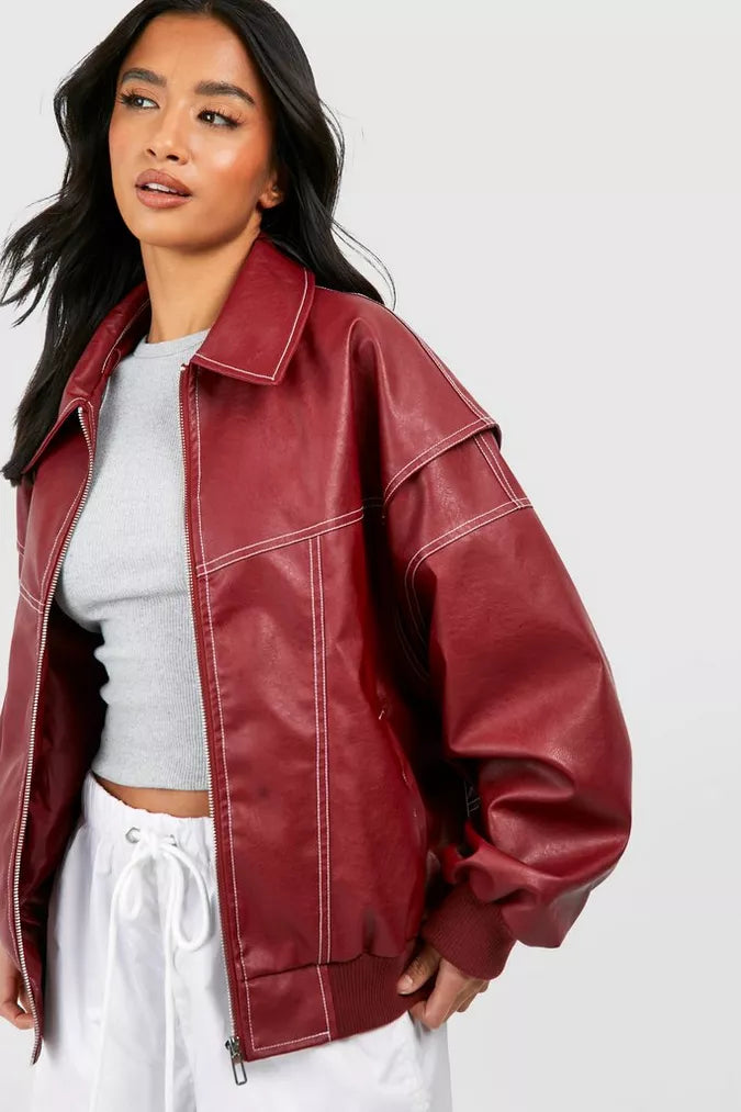 Veste de transition rouge surdimensionnée avec fermeture éclair et col rabattu