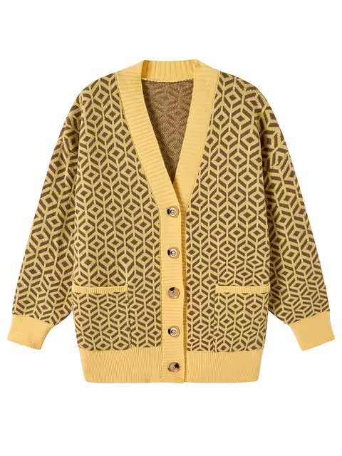Cardigan Boutonné en Maille Géométrique Confortable