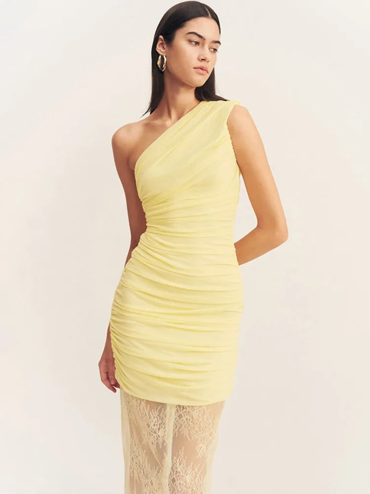 Élodie Lavin® | Robe Jaune Asymétrique Avec Voile Dentelle Brodée
