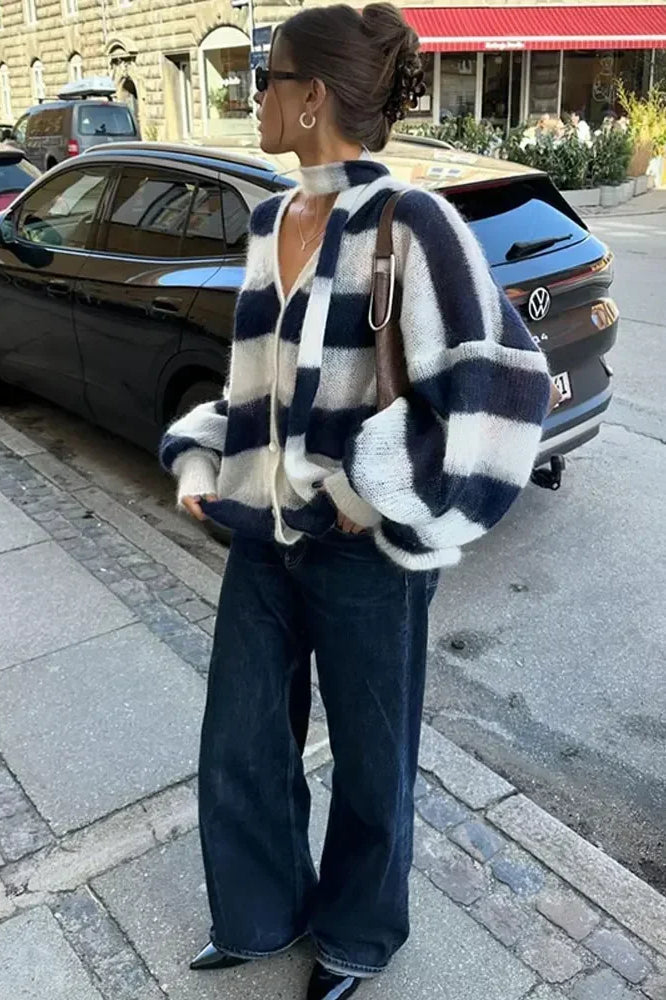 Cardigan Ouvert en Maille à Rayures Confortable avec Col V