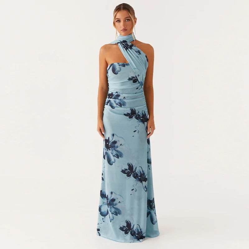 Élodie Lavin® | Robe Longue Asymétrique À Imprimé Fleuri Bleu