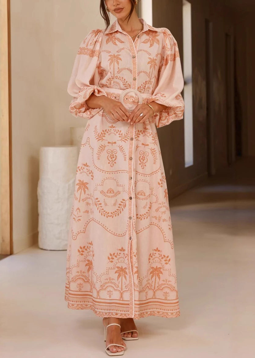 Sophie Paris® I Robe chemise en lin imprimé rose avec manches ballon et ceinture à nouer
