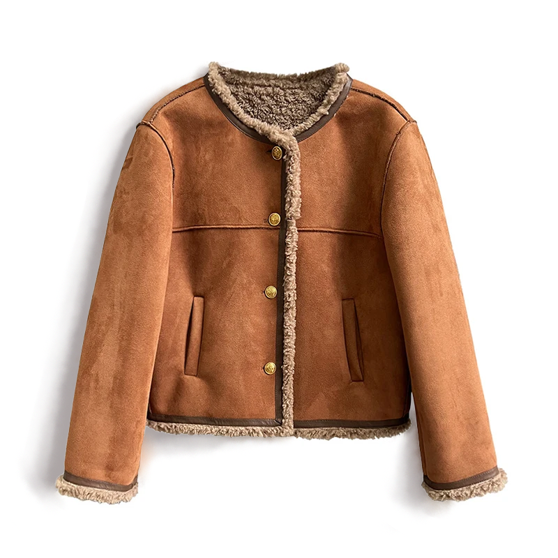 Veste Boutonnée Marron Doublée Polaire pour Femme