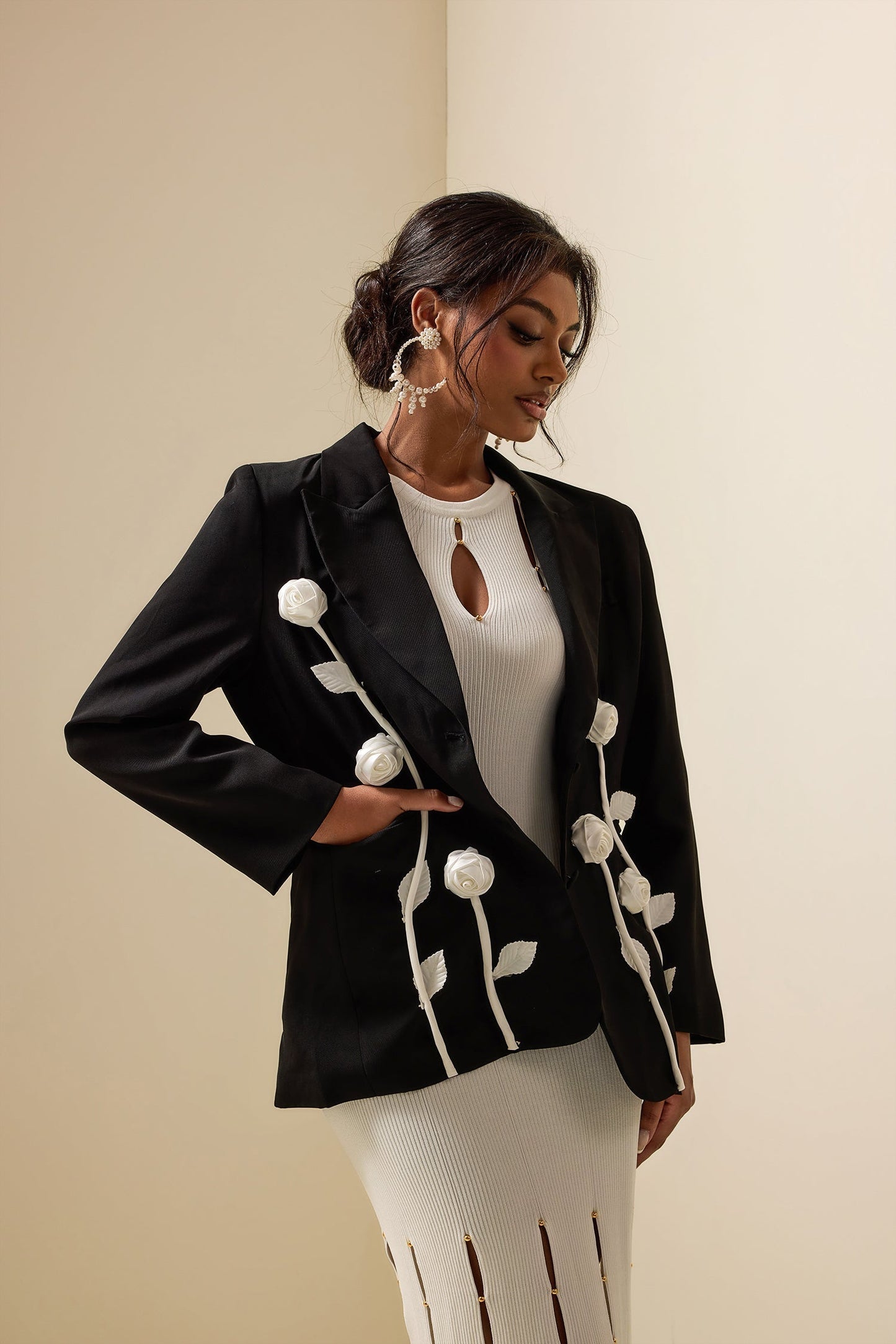 Veste Blazer à Manches Longues à Contraste Floral
