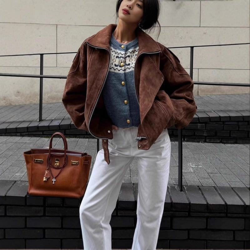 Veste Bomber Oversize Aspect Daim avec Fermeture Éclair Asymétrique