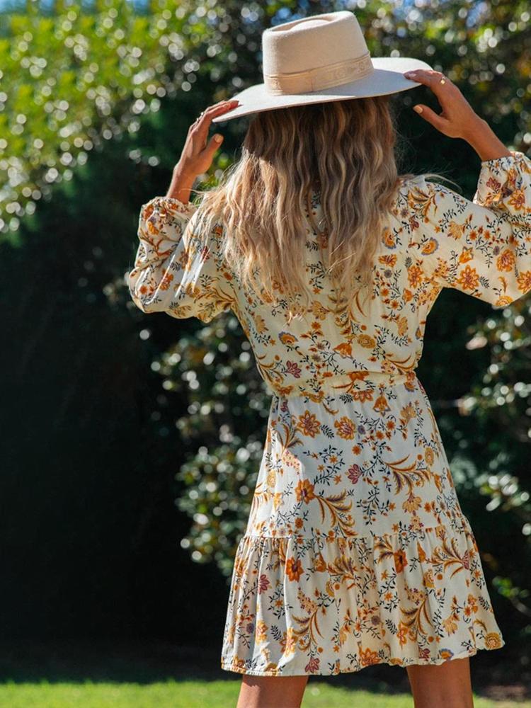 Pauline Laurent® | Mini-robe paysanne imprimée avec décolleté en V