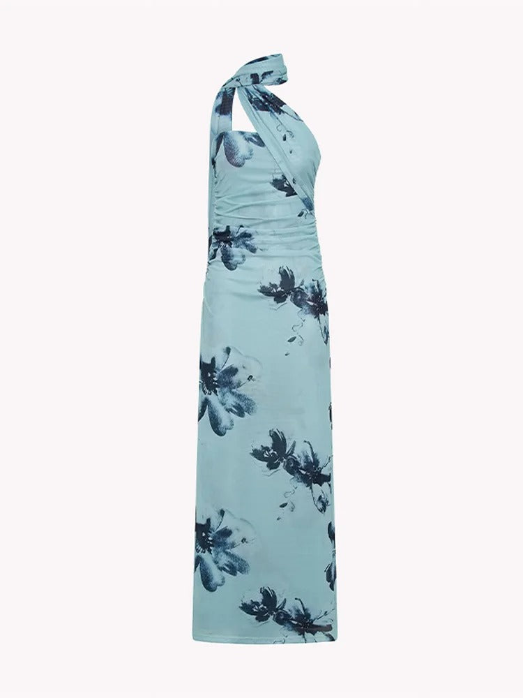 Élodie Lavin® | Robe Longue Asymétrique À Imprimé Fleuri Bleu