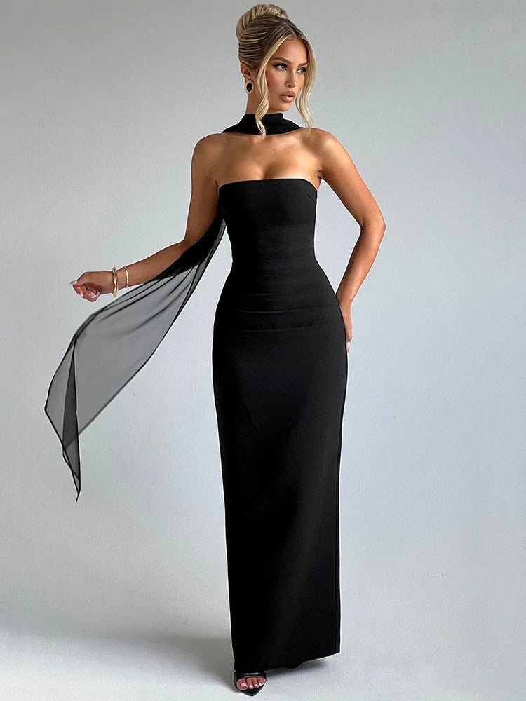 Élodie Lavin® | Robe Bustier Noire Avec Écharpe En Tulle