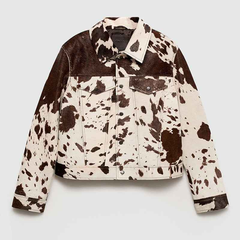 Veste à col cranté imprimé vache avec boutons pression stylés