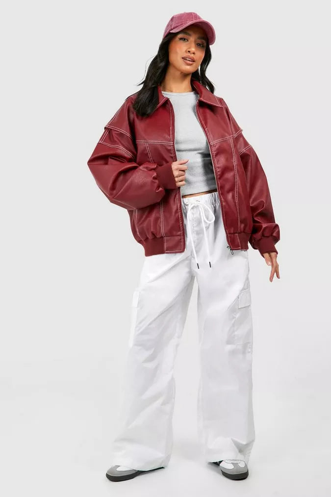 Veste de transition rouge surdimensionnée avec fermeture éclair et col rabattu