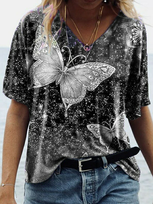T-shirt avec imprimé papillons et manches mi-longues