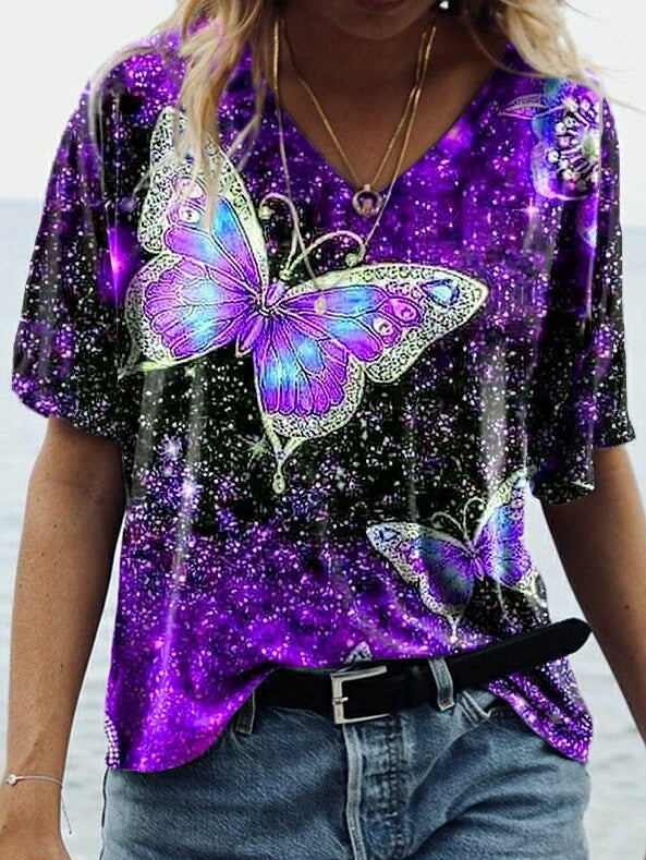 T-shirt avec imprimé papillons et manches mi-longues