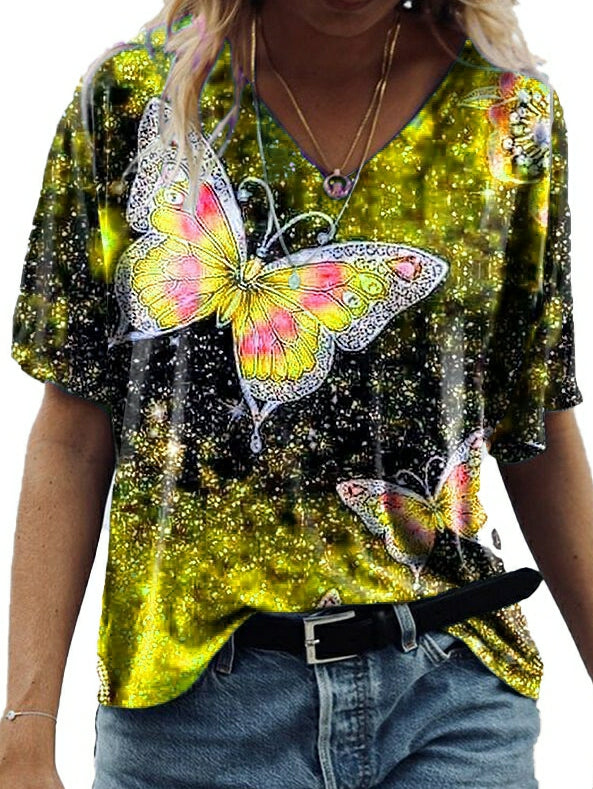 T-shirt avec imprimé papillons et manches mi-longues