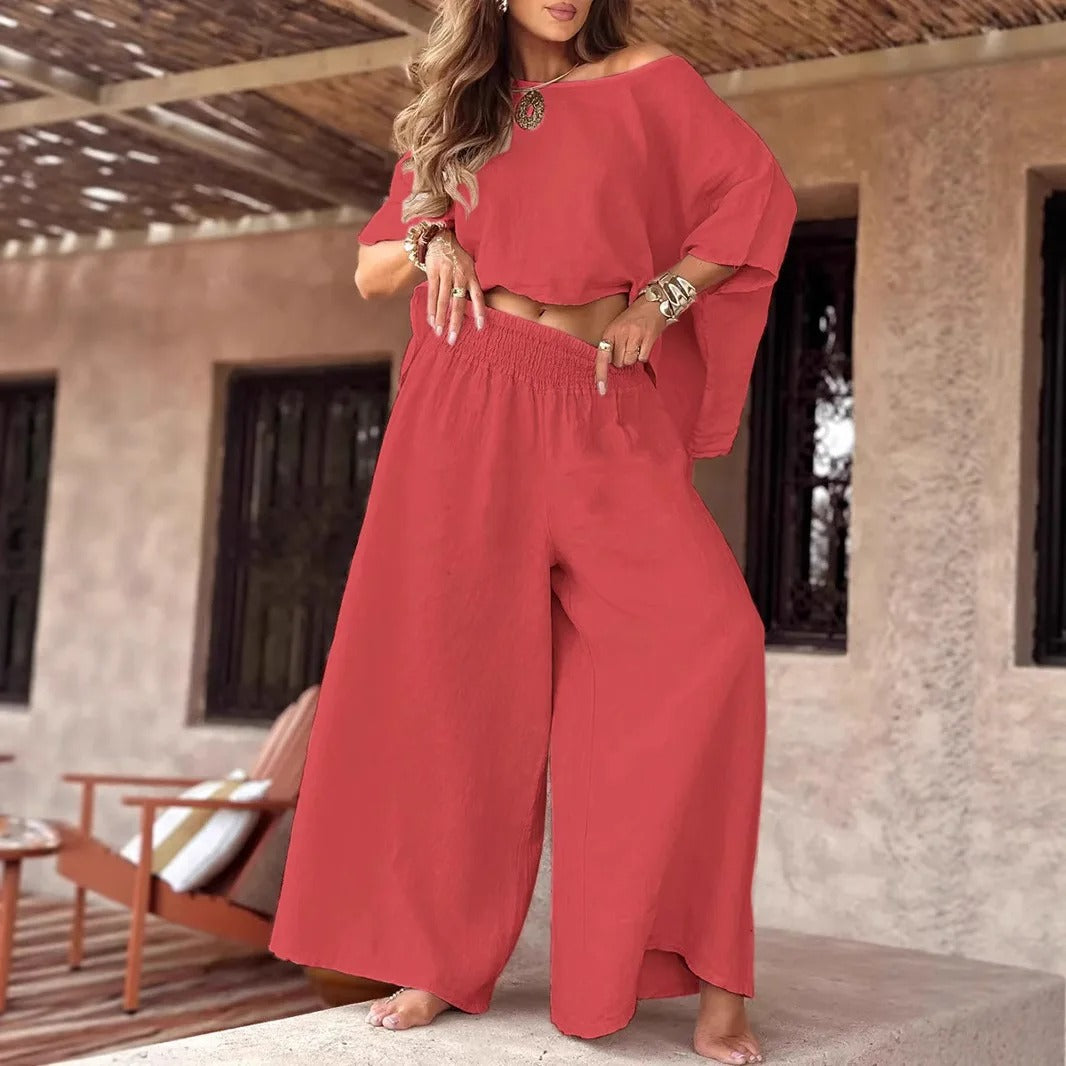 Ensemble deux pièces épaules dénudées avec pantalon à jambes larges