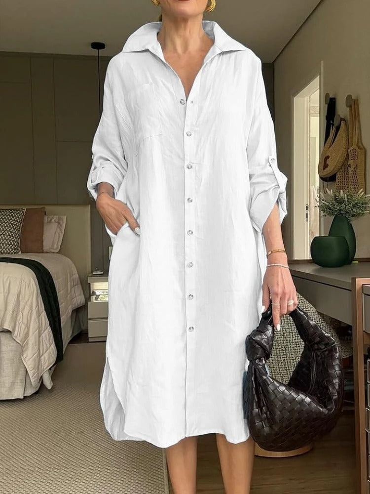 Robe décontractée en lin coton avec volants et encolure carrée
