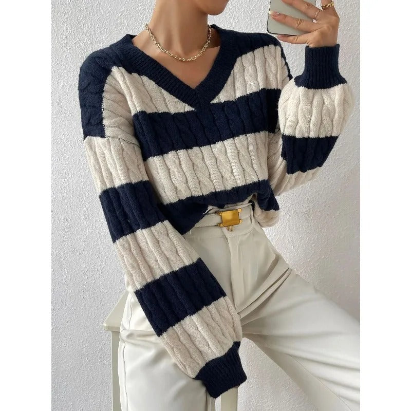 Confortable pull-over ample en tricot avec col en V, style vintage