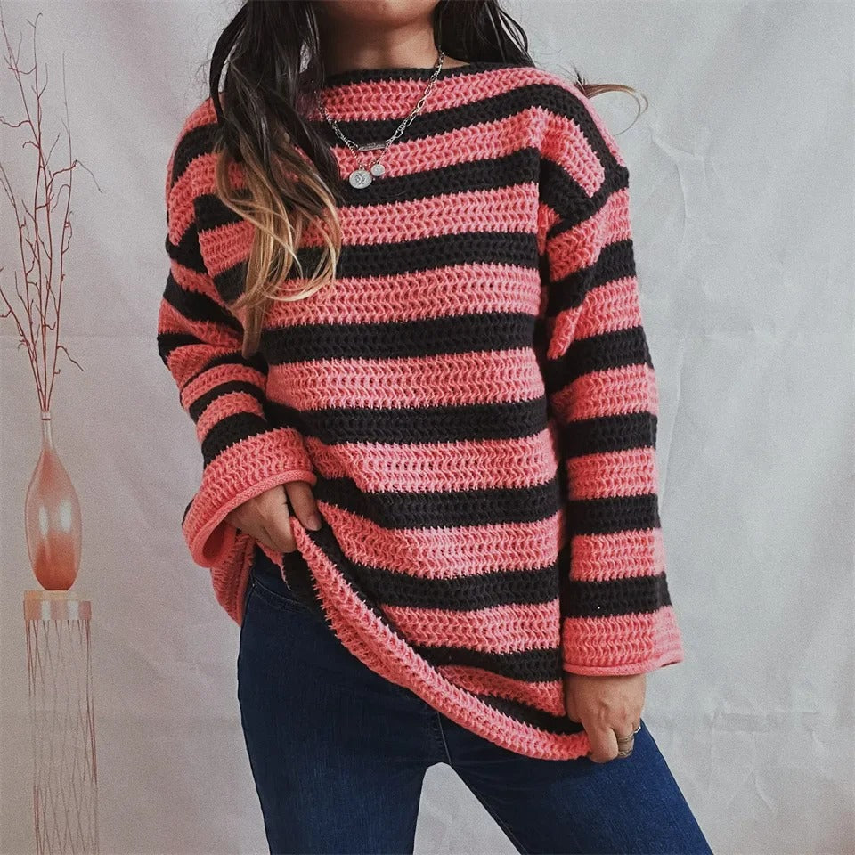 Confortable pullover à rayures surdimensionné de style coréen