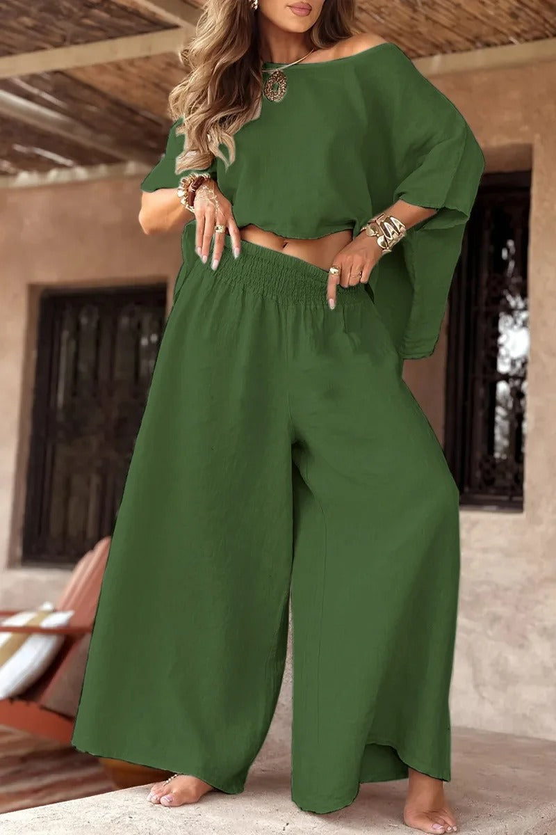 Ensemble deux pièces épaules dénudées avec pantalon à jambes larges