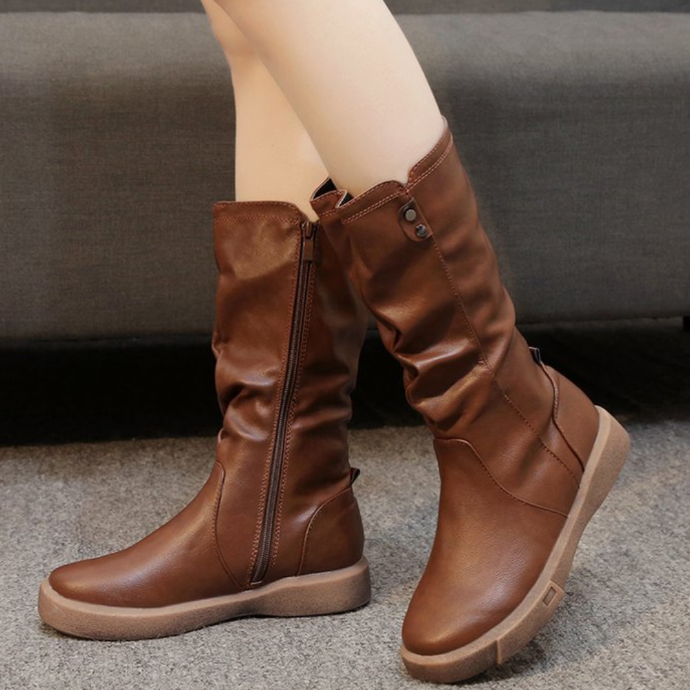 Bottes Hautes En Cuir Avec Fermeture Éclair Pour Femmes