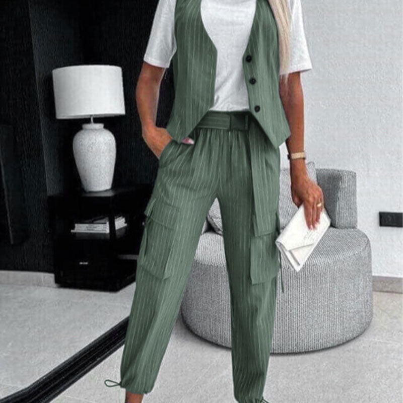 Ensemble 2 Pièces - Gilet avec Pantalon Imprimé Rayé pour Femmes