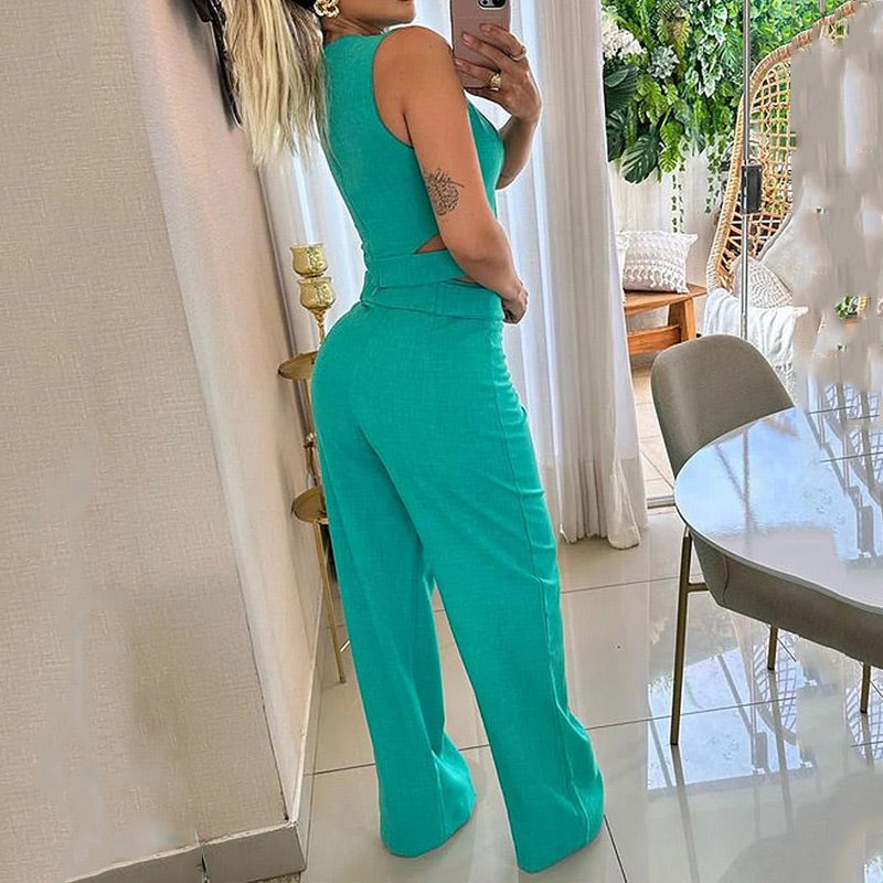 Ensemble deux pièces pour femmes: ensemble haut sans manches + pantalon de couleur unie