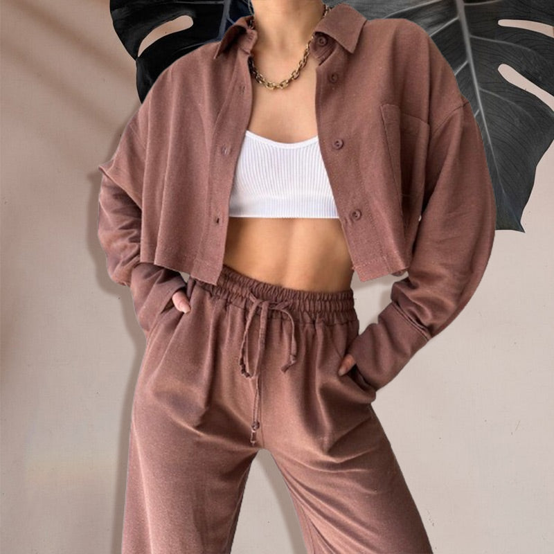 Ensemble 2 pièces : Haut Court de Couleur Unie et Pantalon à Cordon