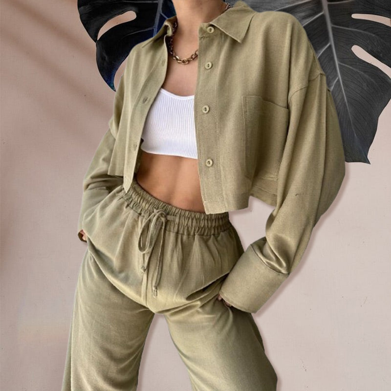 Ensemble 2 pièces : Haut Court de Couleur Unie et Pantalon à Cordon