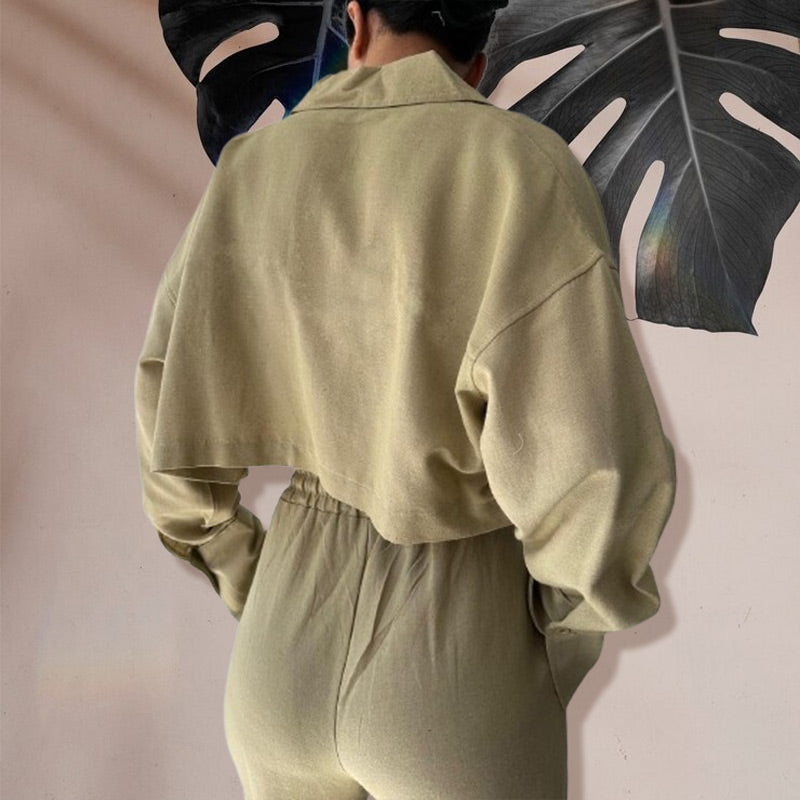 Ensemble 2 pièces : Haut Court de Couleur Unie et Pantalon à Cordon
