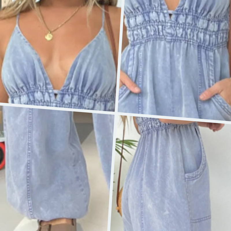 Combinaison en jean à col en V profond pour femme