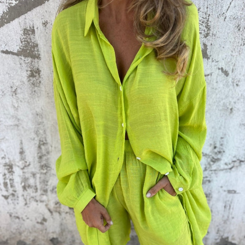 Ensemble deux pièces chemise à manches longues et short décontracté pour femme