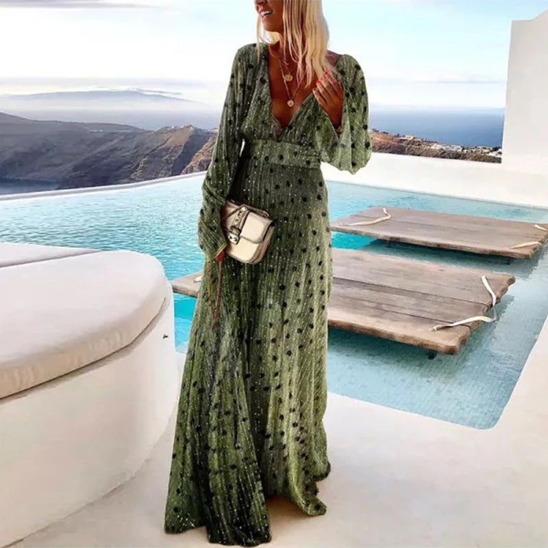 Robe Brillante À Manches Bouffantes Et Col V Pour Femme