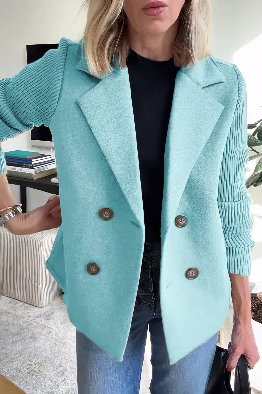 Manteau Casual en Maille avec Boutons et Manches Patchwork pour Femme