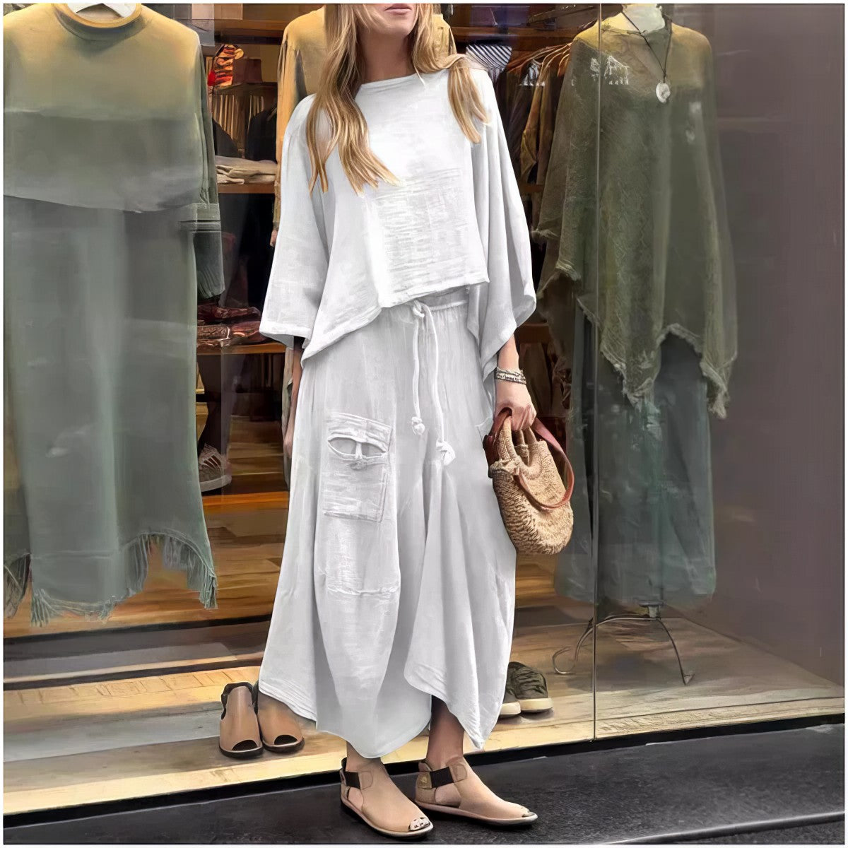 Ensemble décontracté deux pièces : blouse à col rond et jupe à coupe ample