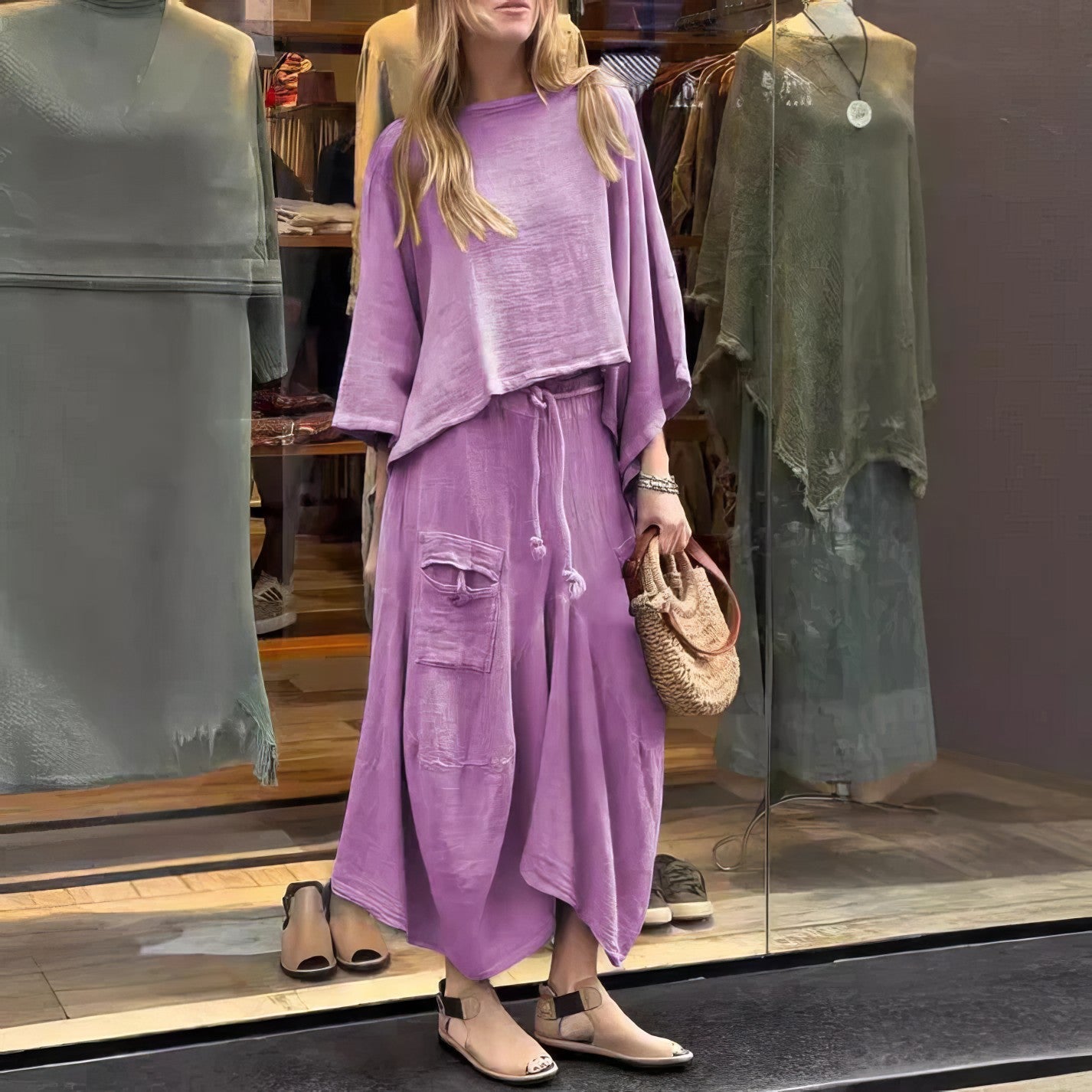 Ensemble décontracté deux pièces : blouse à col rond et jupe à coupe ample