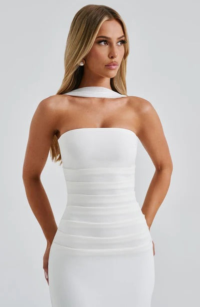 Élodie Lavin® | Robe Bustier Noire Avec Écharpe En Tulle