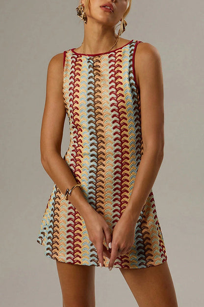 Robe Mini Sans Manches Col Rond à Zigzag Coloré