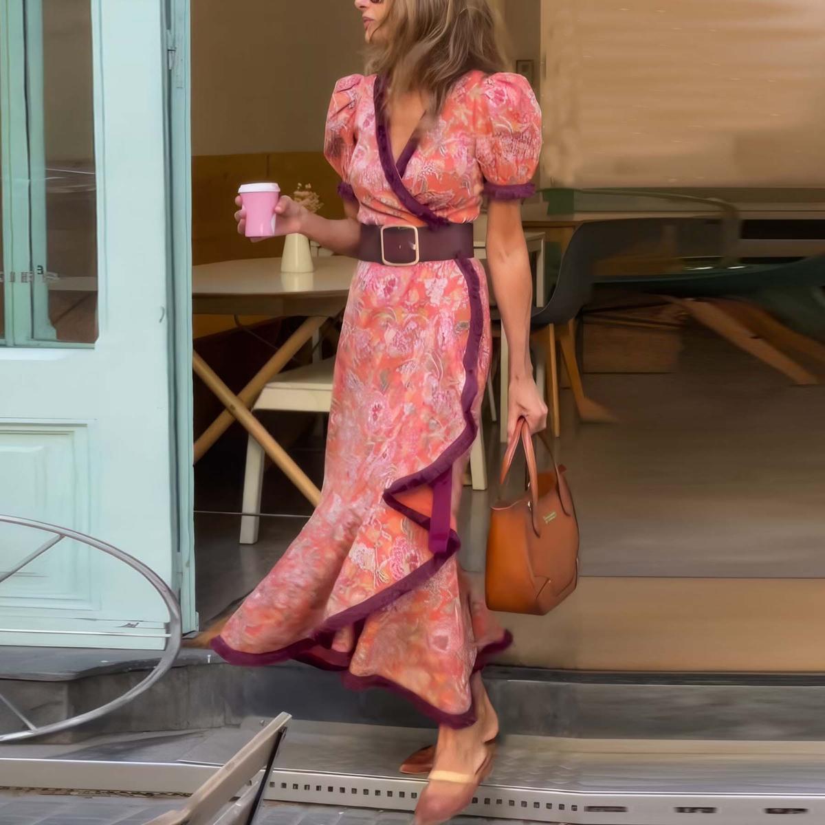 Robe longue rose élégante à manches courtes