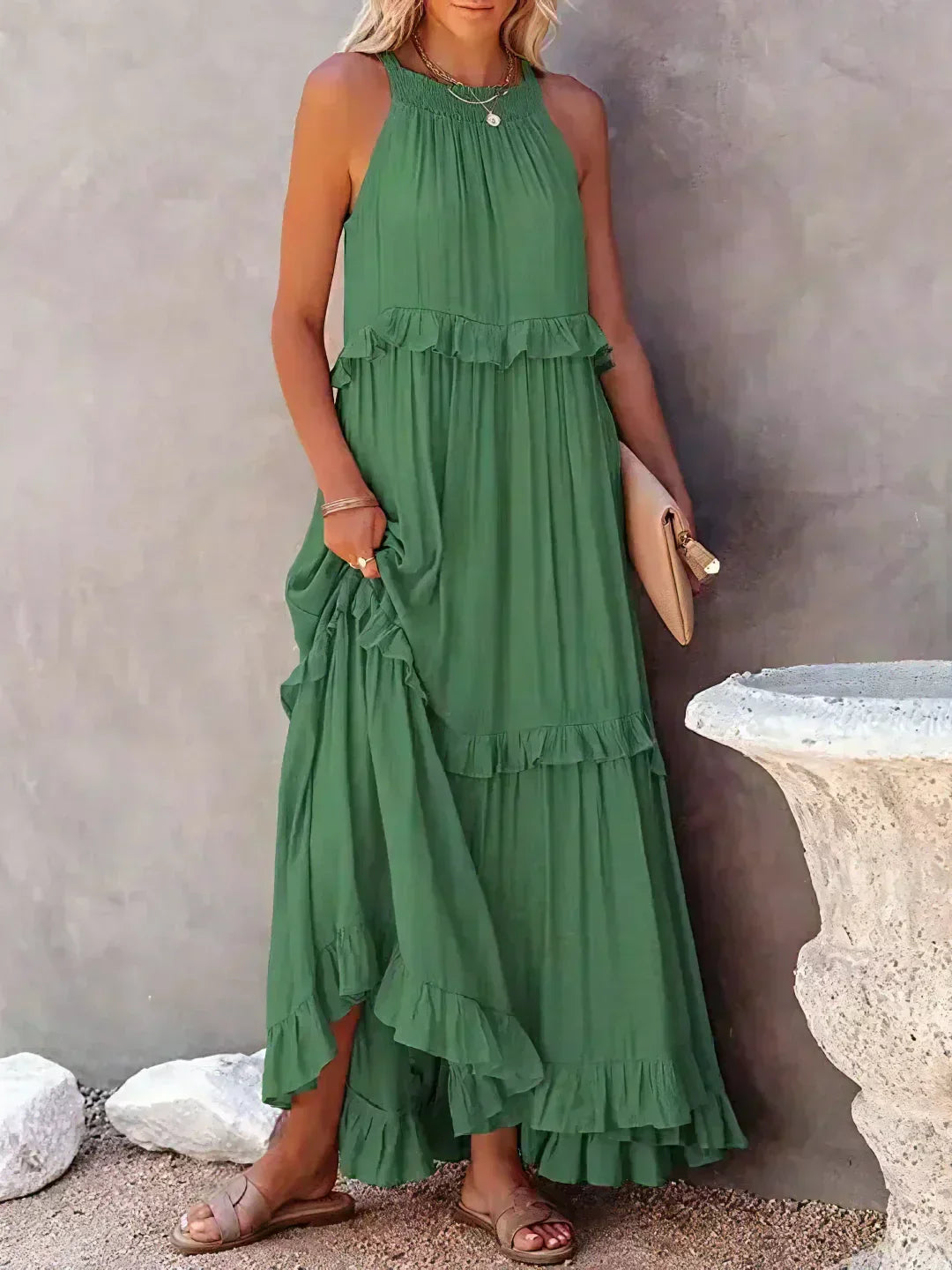 Pauline Laurent® | Robe longue volantée à col licou