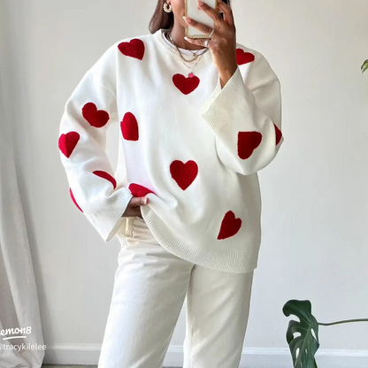 Pull col rond imprimé cœur confortable pour femmes