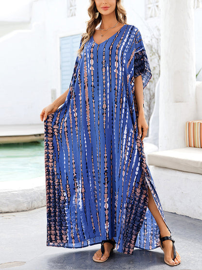 Women Print Beach Kaftan Dress Short Sleeve Plus Size Bathing Suit Cover Ups