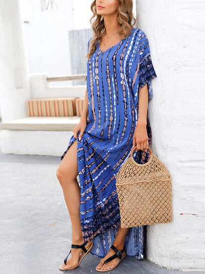 Women Print Beach Kaftan Dress Short Sleeve Plus Size Bathing Suit Cover Ups