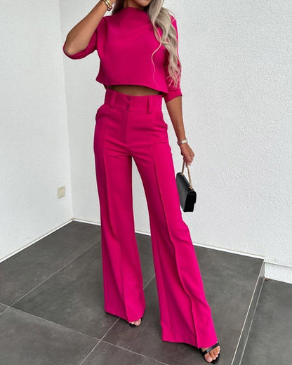 Ensemble Féminin Élégant Haut Court Pantalon Taille Haute