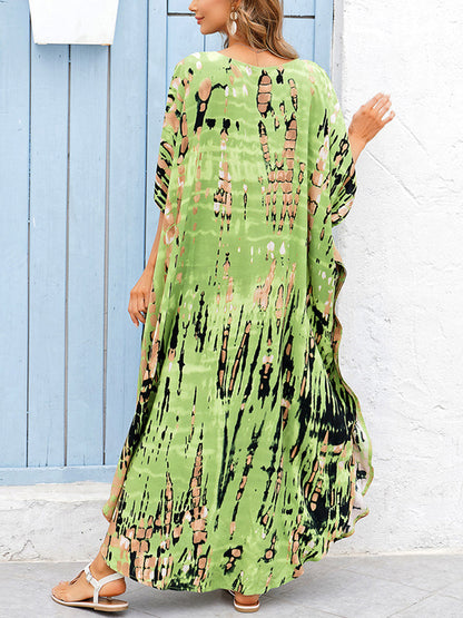 Women Print Beach Kaftan Dress Short Sleeve Plus Size Bathing Suit Cover Ups