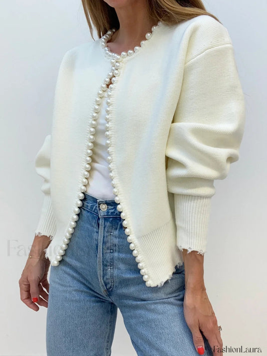 Cardigan en maille à bords déchirés avec bordure de perles