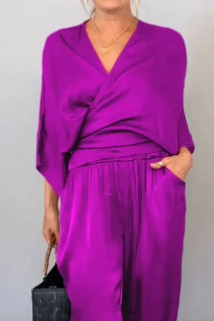 Ensemble Chic Haut Cache-cœur et Pantalon Décontracté Relaxé