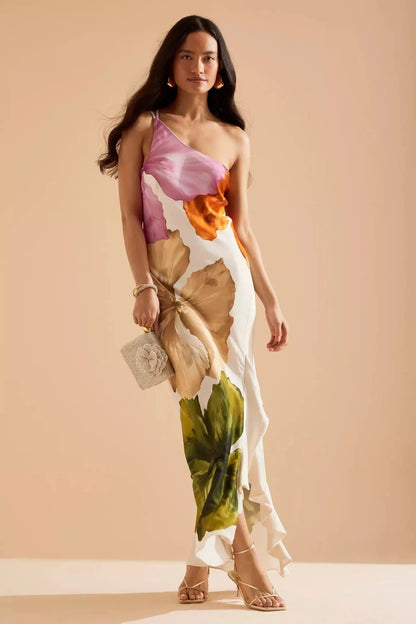 Robe Maxi Fleurie à Une Épaule avec Ourlet Volanté et Bretelles Spaghetti