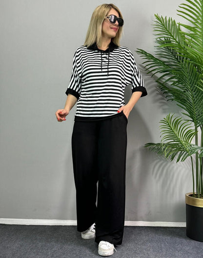 Ensemble chic rayé deux pièces avec haut et pantalon
