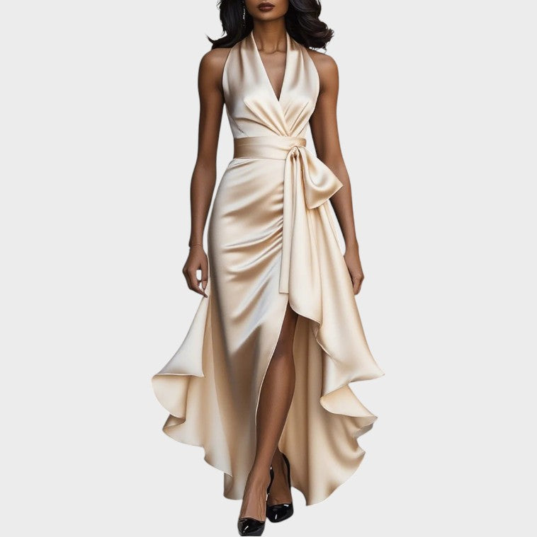 Robe Bustier en Satin Nuit avec Détail à Volants