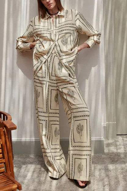Blouse ample pour femme en mélange de lin à motif géométrique abstrait